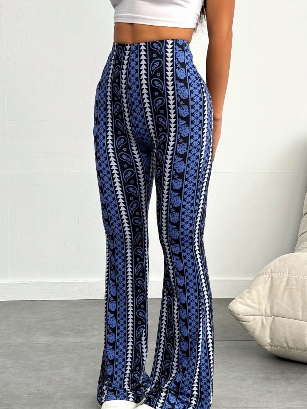 High-Waist Blue Patterned Flare Pants